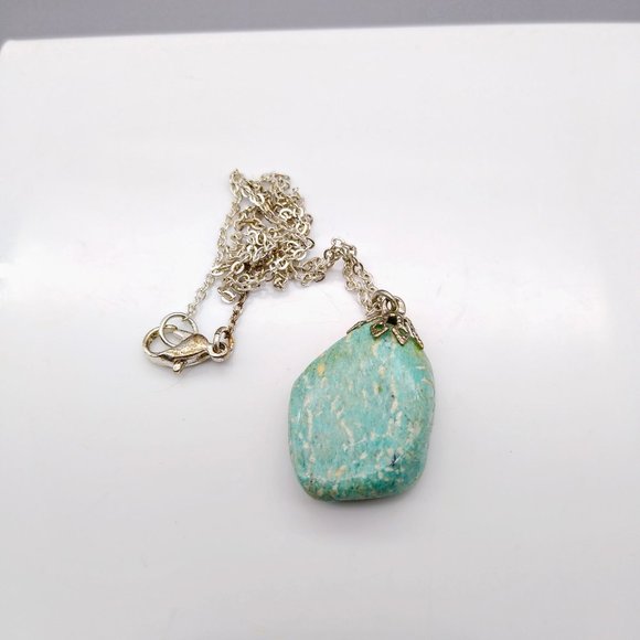 Natural Tumbled Blue Stone Pendant Necklace, Vintage Boho on Silver Tone Chain - Picture 2 of 4